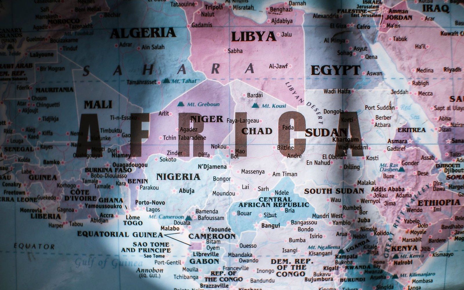 A physical map showing African countries and neighboring Middle Eastern nations with national borders labeled
